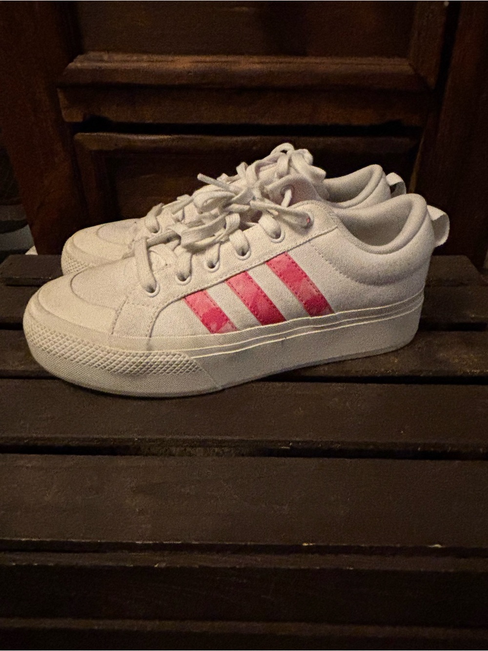 Adidas Women’s White Sneakers with Pink Stripes